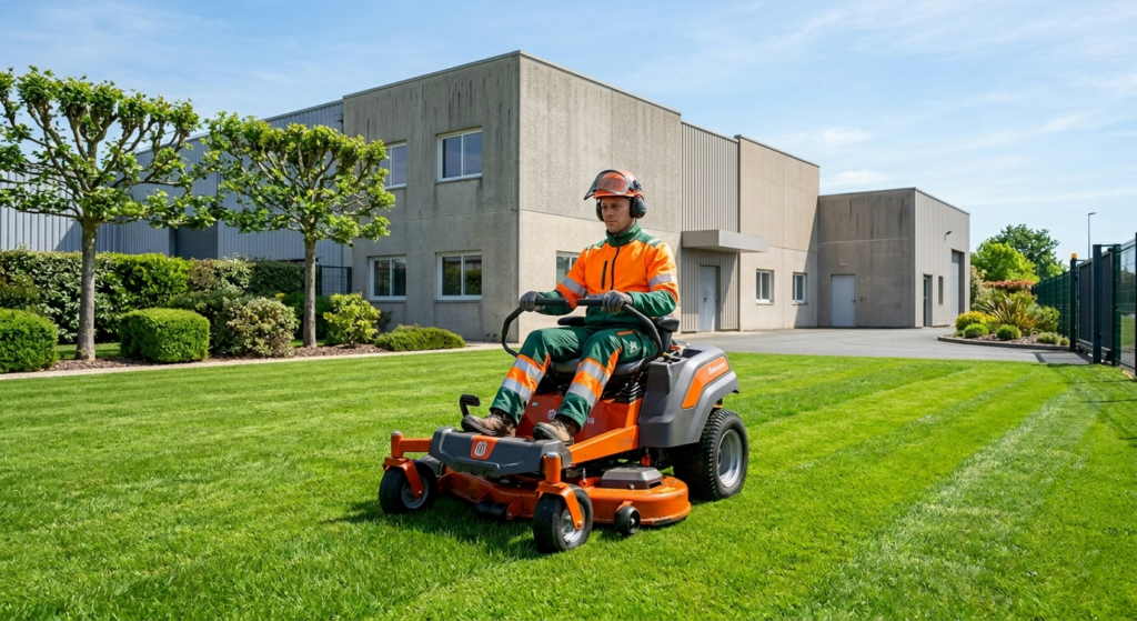 Photo réaliste et lumineuse d'un professionnel de l'entretien d'espaces verts, portant une tenue de travail propre verte et orange, utilisant une tondeuse autoportée moderne sur une pelouse impeccable et verte à proximité d'un bâtiment industriel contemporain en pierre claire  Arbres taillés et ciel bleu en arrière plan  Ambiance soignée, professionnelle et sécurisée 