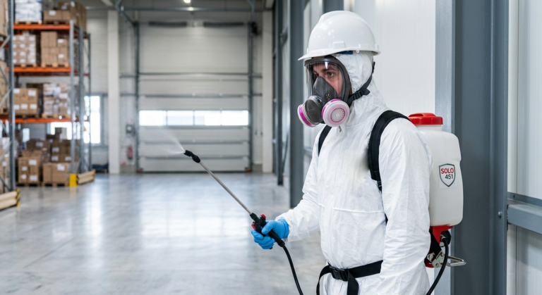 Photo professionnelle et nette, légèrement rapprochée, d'un technicien d'intervention en biosécurité portant une combinaison de protection technique blanche et un masque de protection (comme dans image eef73f jpg), utilisant un atomiseur pour appliquer un traitement ciblé sur la structure d'un bâtiment commercial moderne  Ambiance concentrée, efficace et conforme  Arrière plan flou de l'intérieur d'un entrepôt propre 